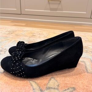 Staurt Weitzman Black Women's Suede Wedge Pumps with Studded Bow